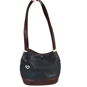 Vintage Brighton Shoulder Bucket Bag Black Pebbled & Brown Leather Trim Details